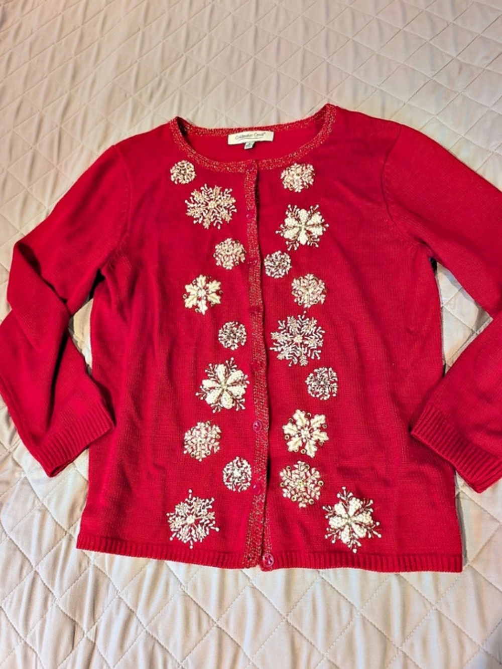 Coldwater Creek Red Beaded Snowflake Cardigan Sweater Small